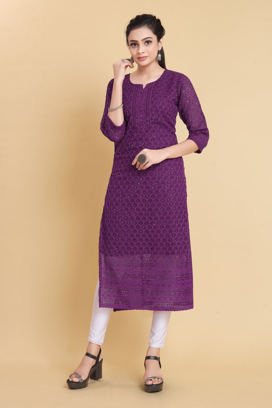 Women Chikan Embroidery Georgette A-line Kurta