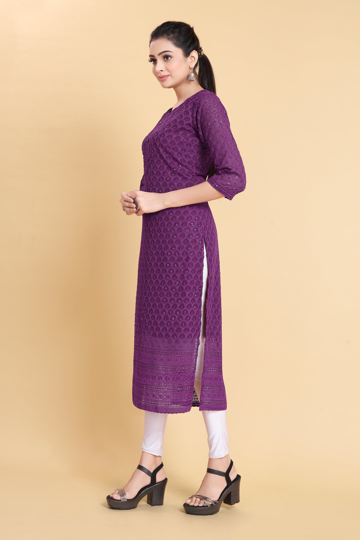 Women Chikan Embroidery Georgette A-line Kurta