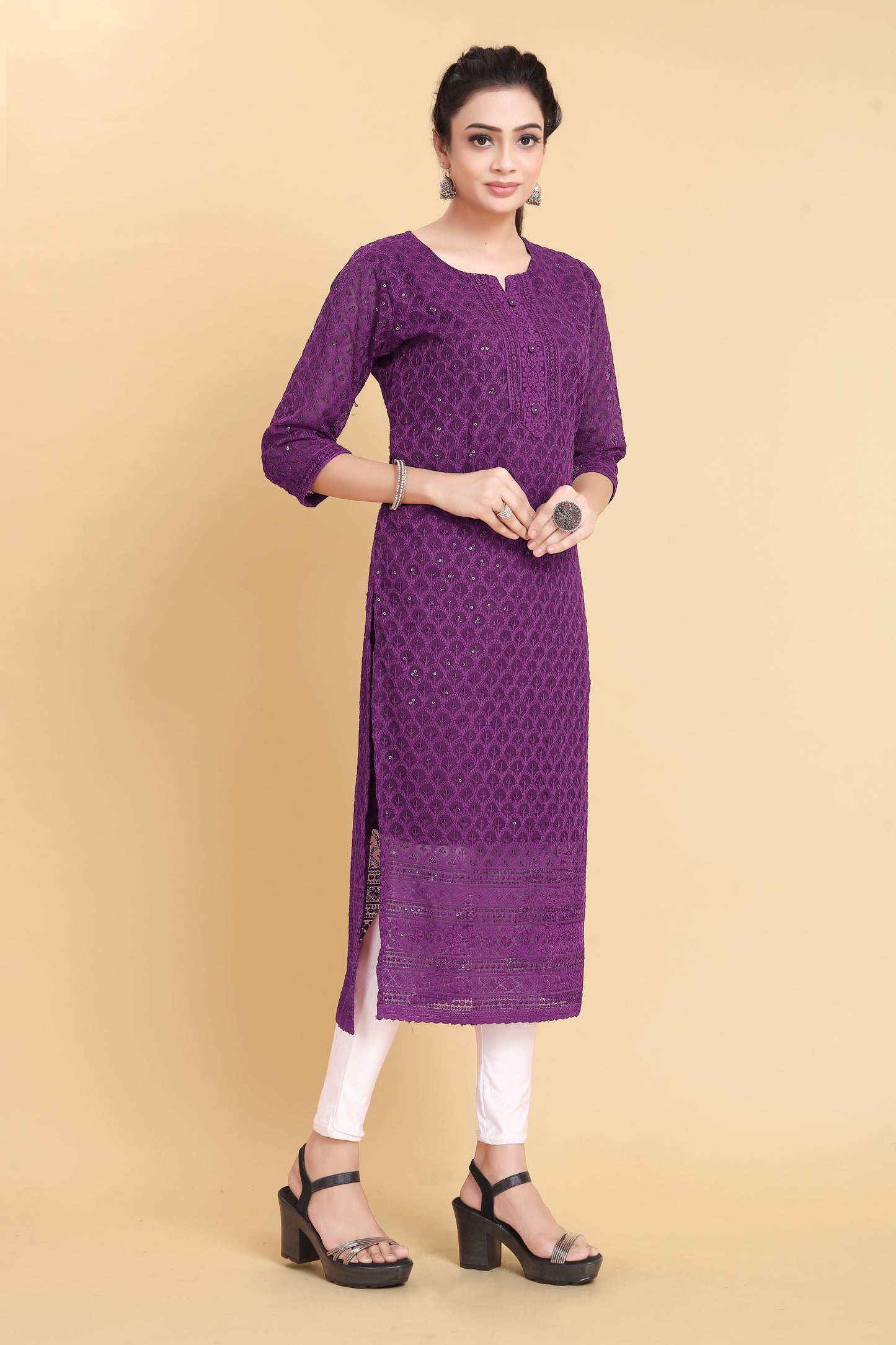 Women Chikan Embroidery Georgette A-line Kurta