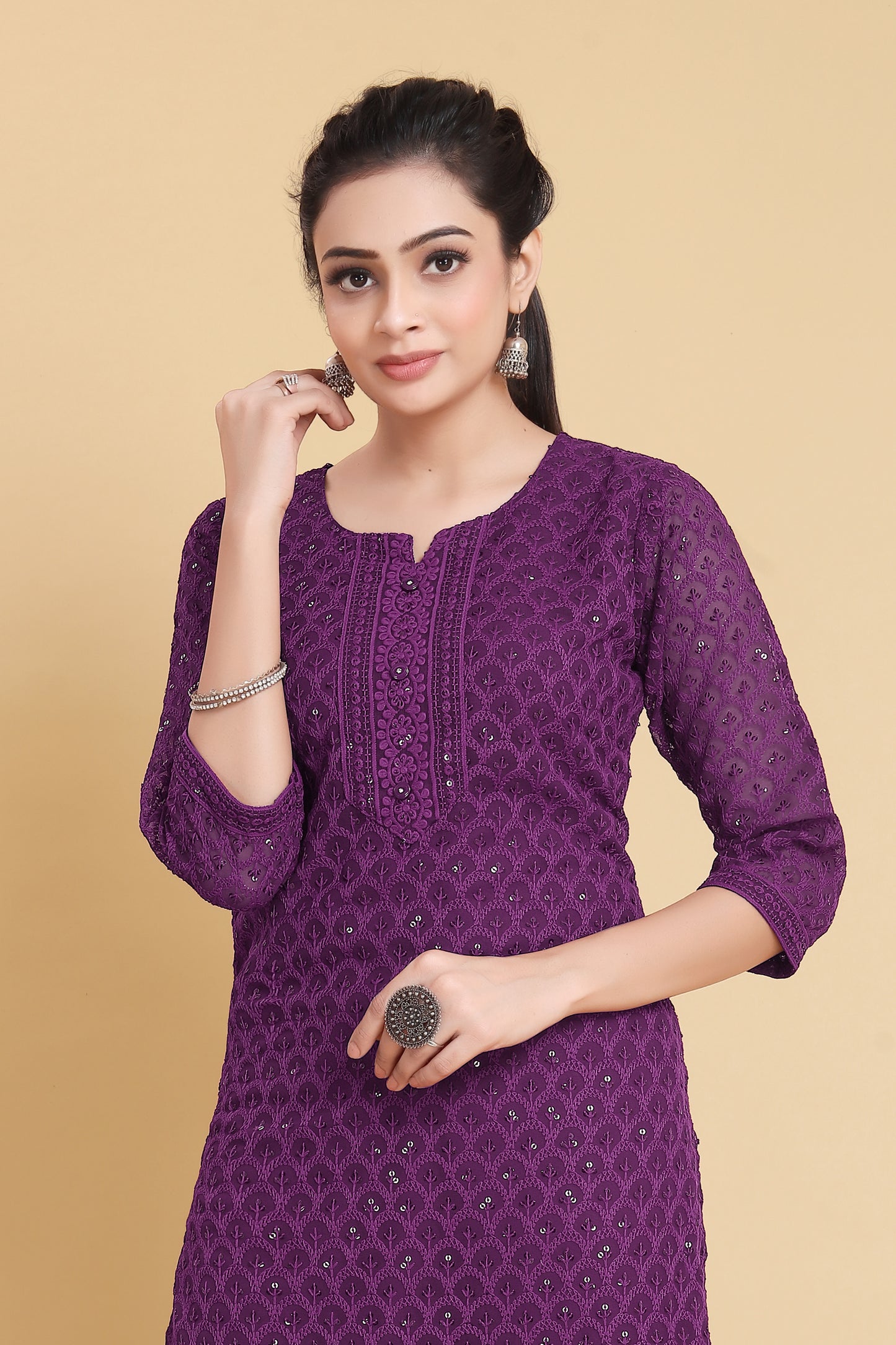 Women Chikan Embroidery Georgette A-line Kurta