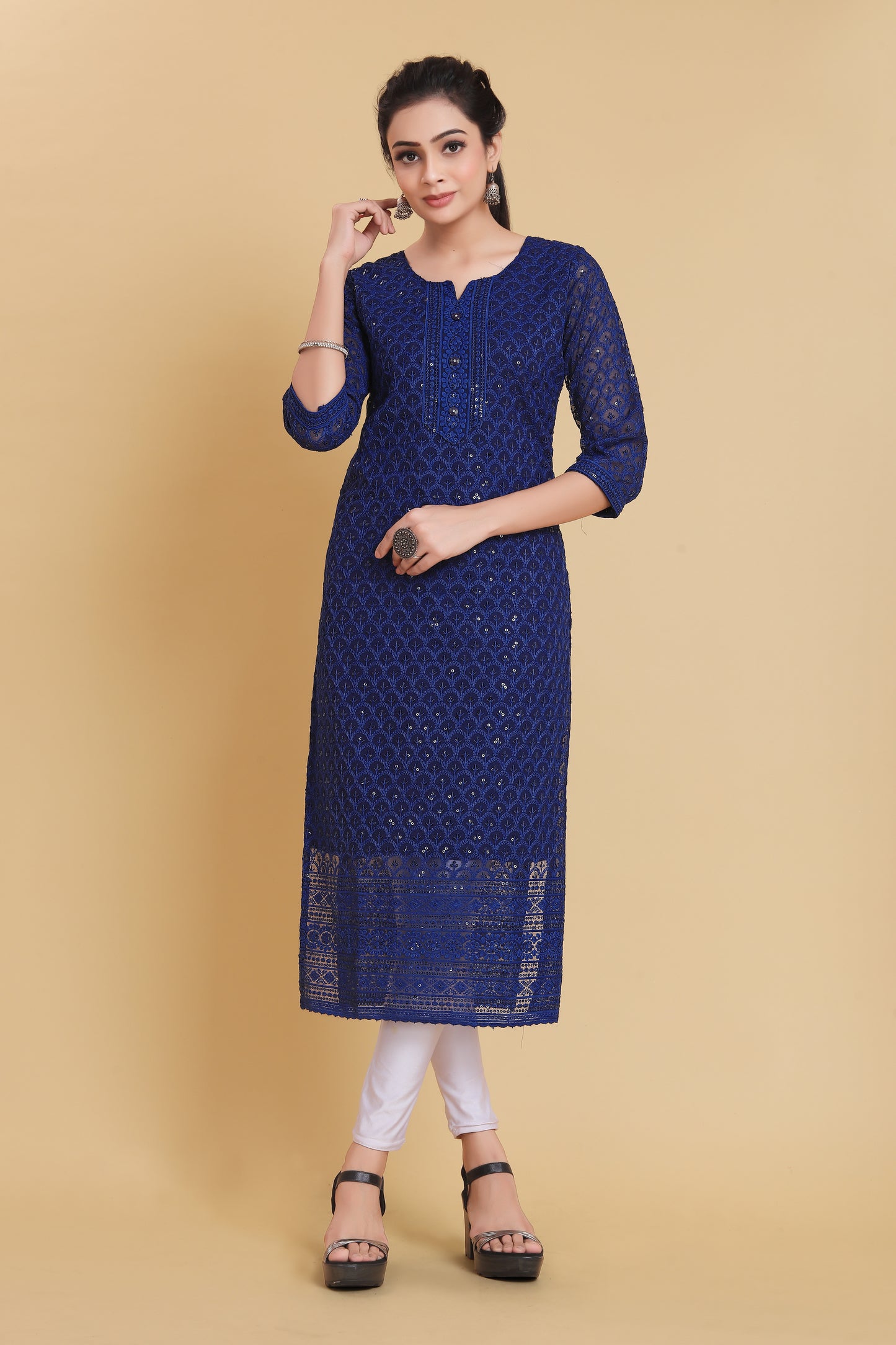 Women Chikan Embroidery Georgette A-line Kurta