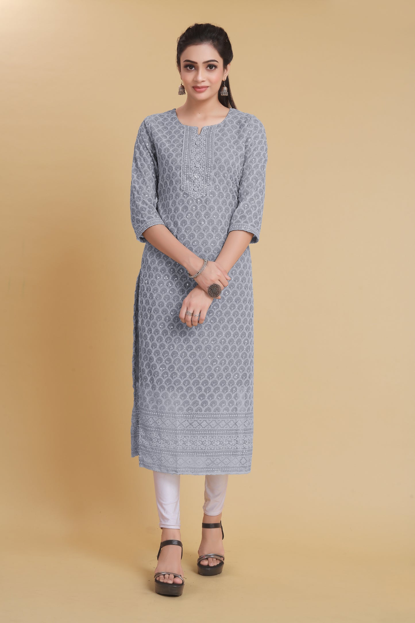 Women Chikan Embroidery Georgette A-line Kurta