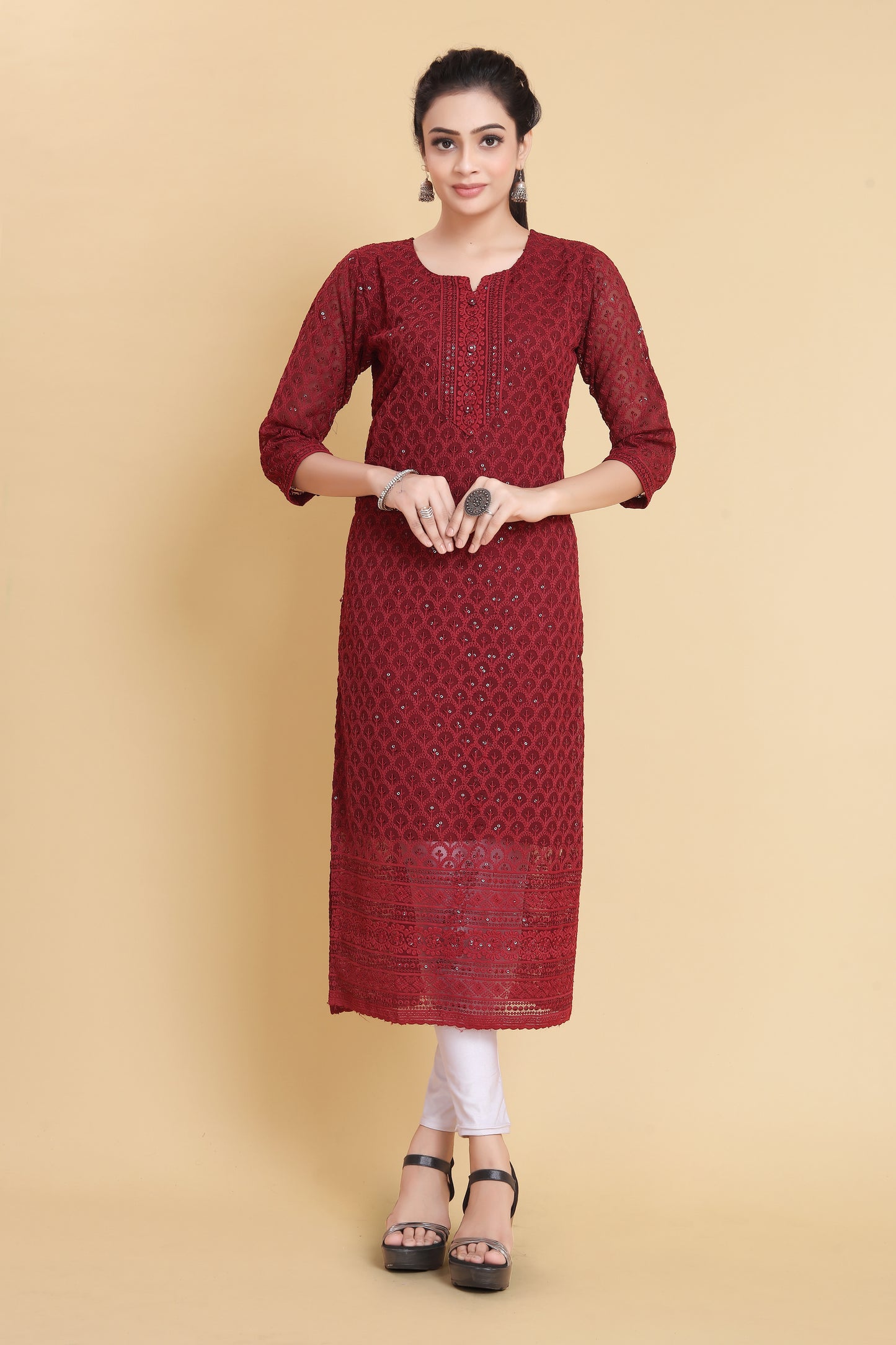 Women Chikan Embroidery Georgette A-line Kurta