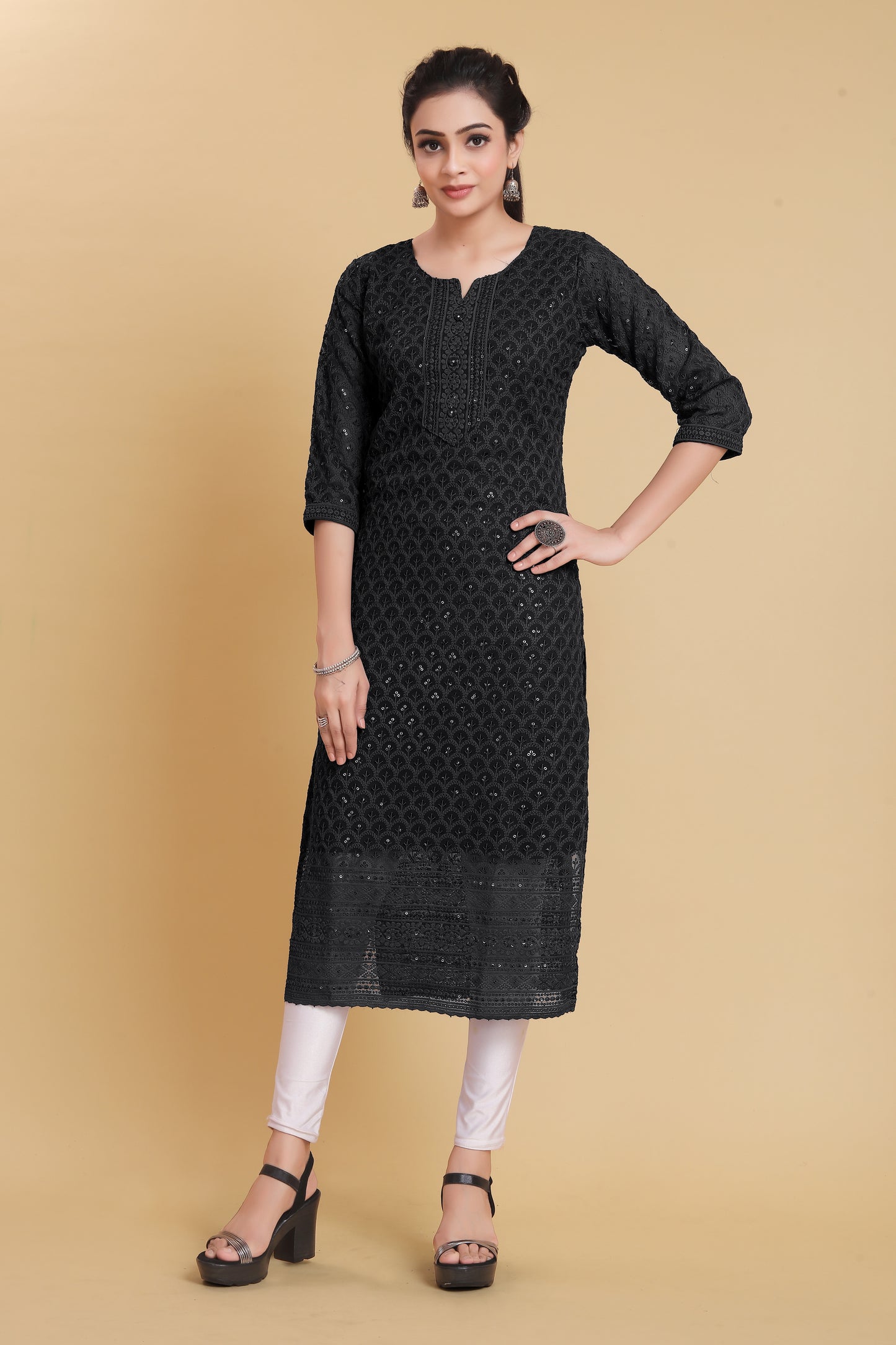 Women Chikan Embroidery Georgette A-line Kurta