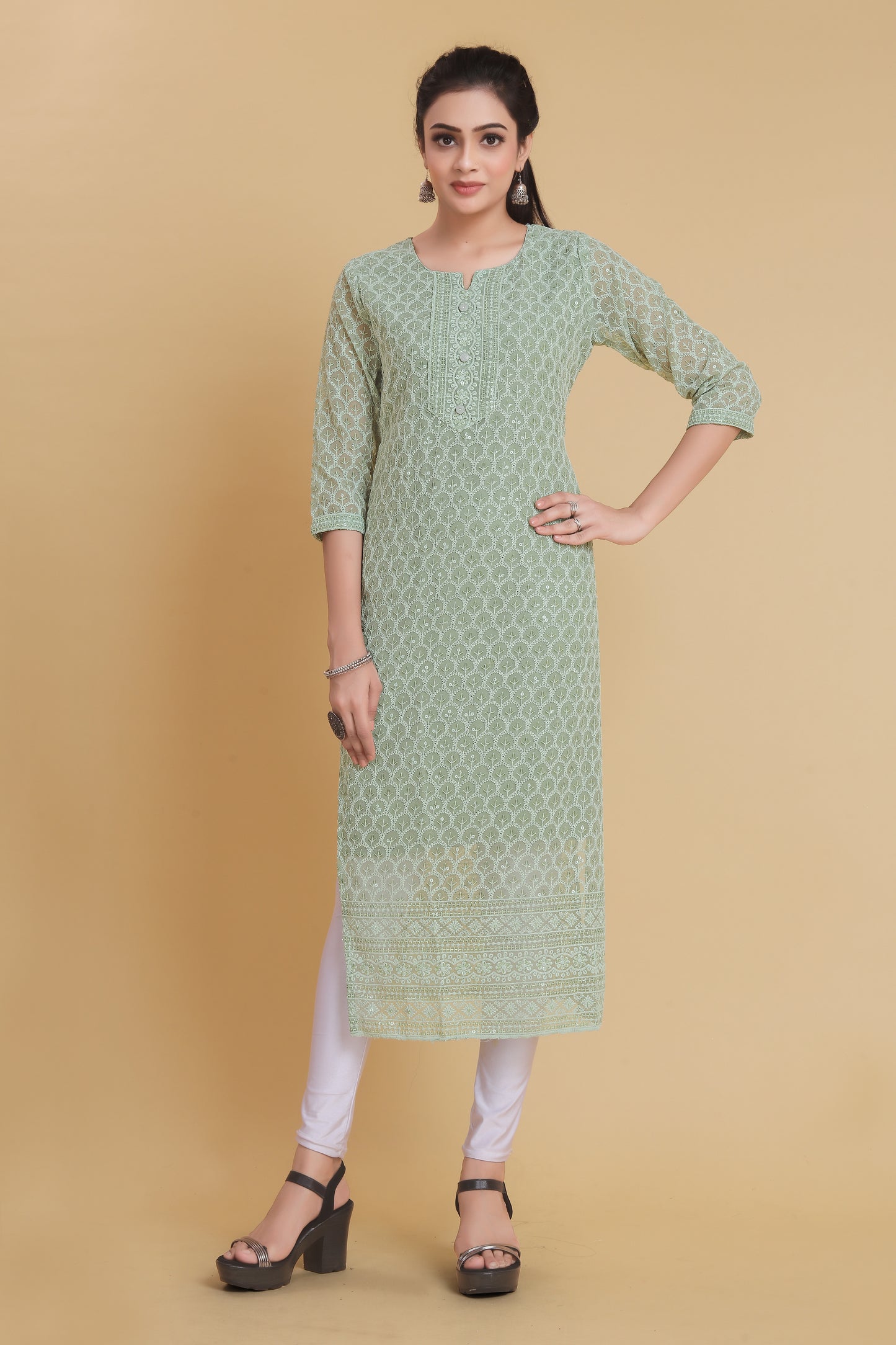 Women Chikan Embroidery Georgette A-line Kurta