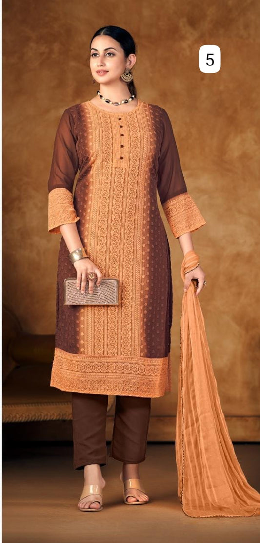 Women Fully Lucknowi Shiffly Work Georgette Kurti And Pant Whith Duptta