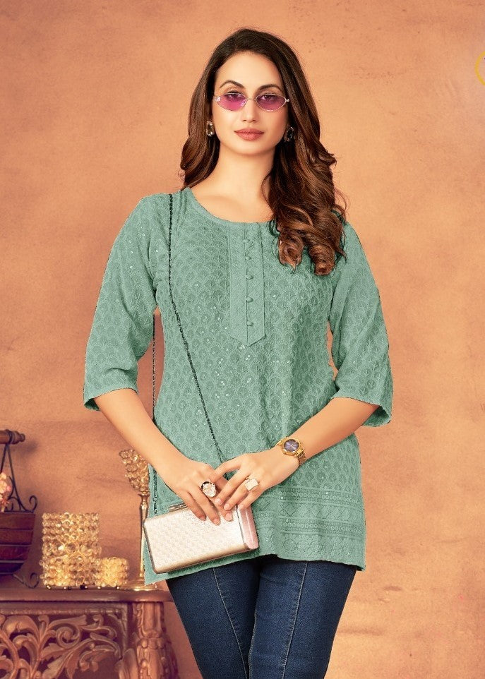 VISCOUS RAYON LUCKNOWI SHORT TOP KURTI