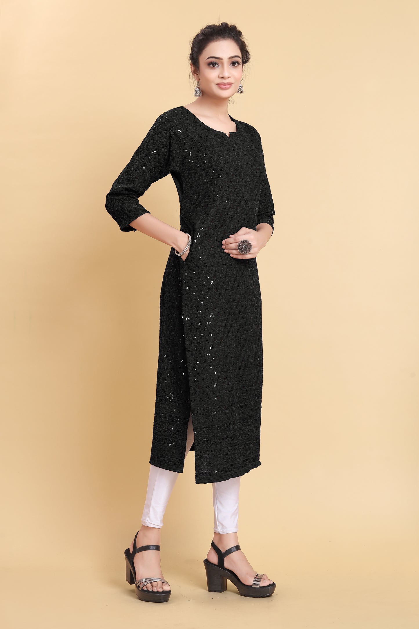 Women Chikan Embroidery Viscose Rayon A-line Kurta