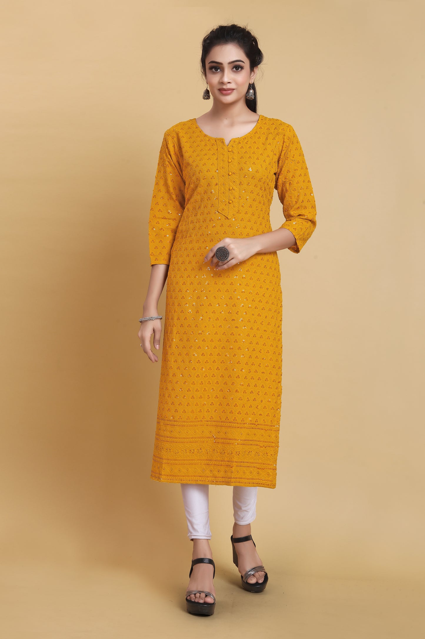 Women Chikan Embroidery Viscose Rayon A-line Kurta