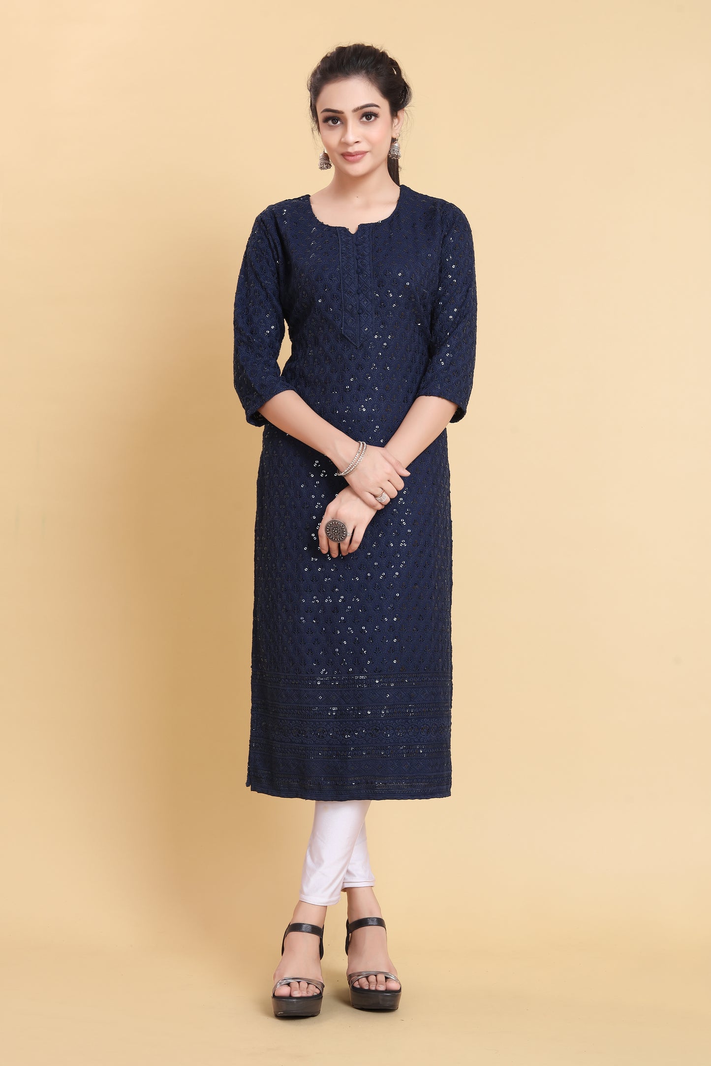 Women Chikan Embroidery Viscose Rayon A-line Kurta