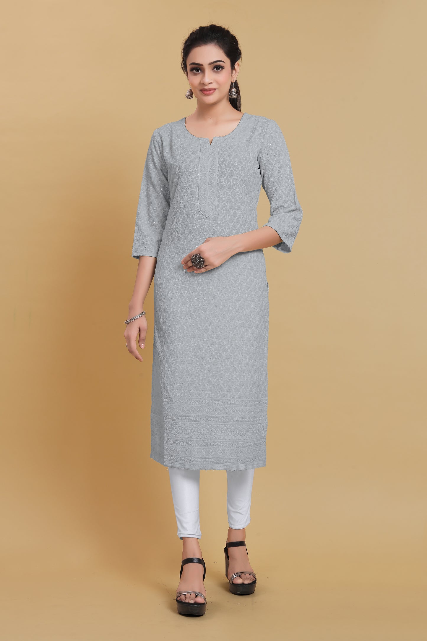 Women Chikan Embroidery Viscose Rayon A-line Kurta