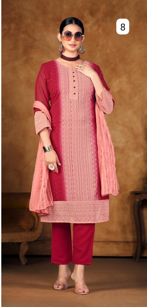 Women Fully Lucknowi Shiffly Work Georgette Kurti And Pant Whith Duptta