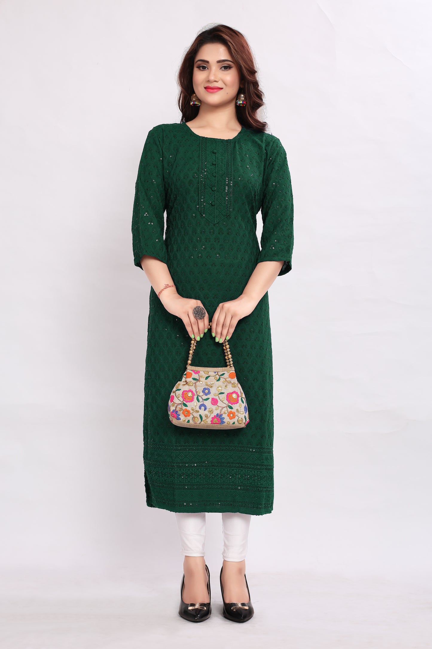 Women Chikan Embroidery Viscose Rayon A-line Kurta