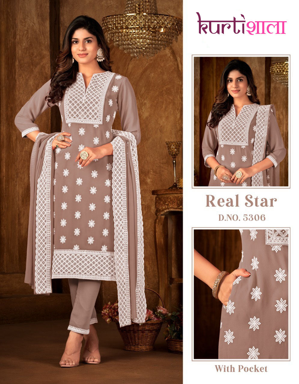 CHIKANKARI GEORGETTE SIFFLY WORK KURTA PANT SET WHIT DUPTTA