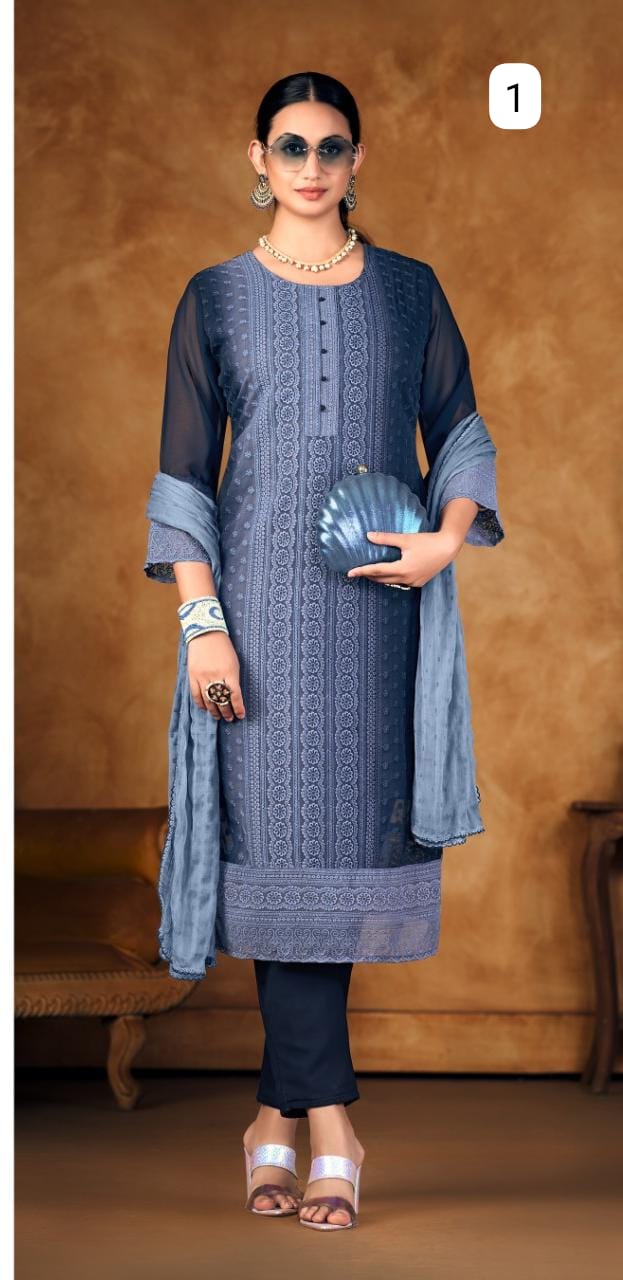 Women Fully Lucknowi Shiffly Work Georgette Kurti And Pant Whith Duptta